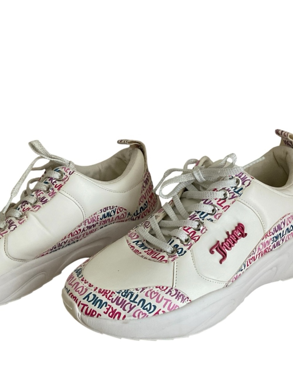 Juicy Couture White Lace-Up Sneakers with Pink & Blue Logo Accents Sz 9